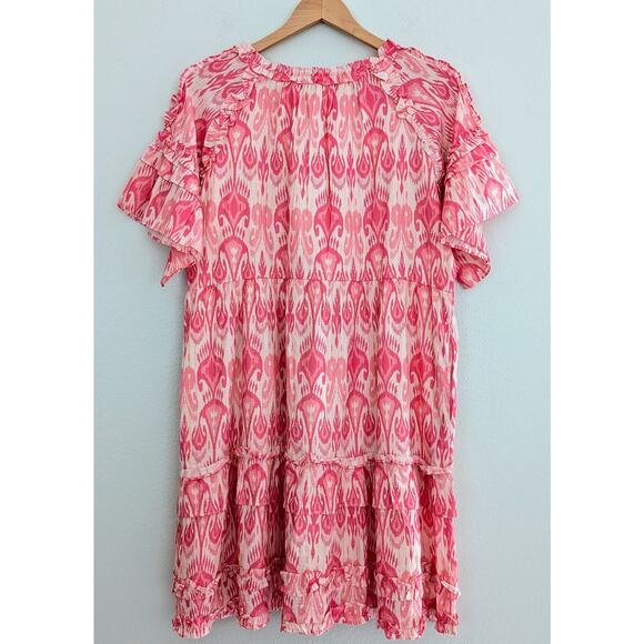 Women's LA PLAGE Dress Tiered Skirt Short Sleeve Pink White Size Medium Boho - Picture 2 of 7